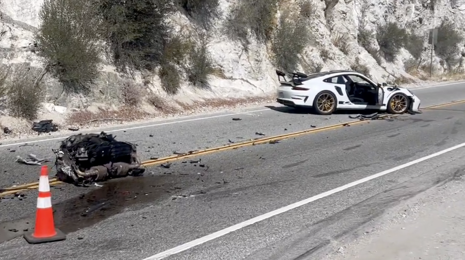 The GT3 RS involved in the crash, along with the Carrera's engine